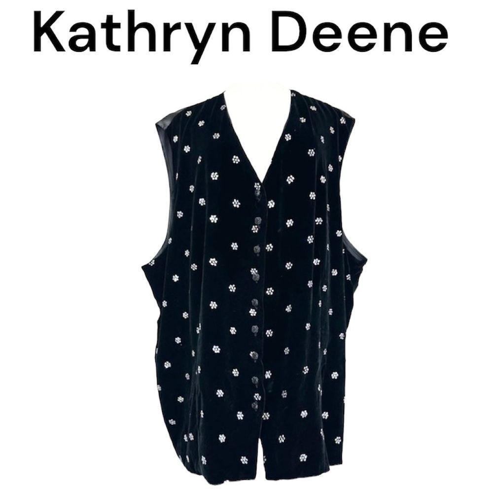 Kathryn Deene Vintage Black Silk Velvet Rhinestone Flowers Vest Plus Size 26/28